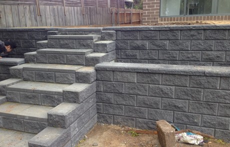 grey brick wall steps landscaping