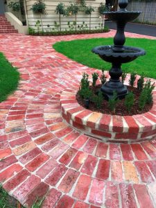 Recycled brick garden path, fountain, garden, grass, lawn