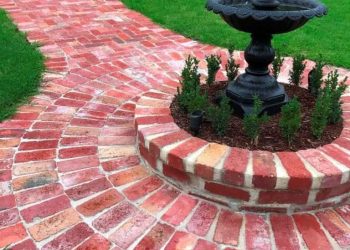 Recycled brick garden path, fountain, garden, grass, lawn